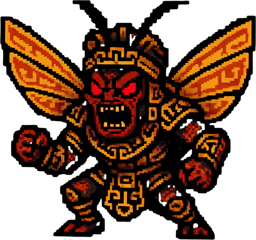 Genérame una Chicharra guerrero azteca con eso patrones, estilo pixelar, con una apariencia maligna, ojos rojos, rabioso. Unidad aerea con alas. Animal.
In-Game asset.  2d.  High contrast.  No shadows
