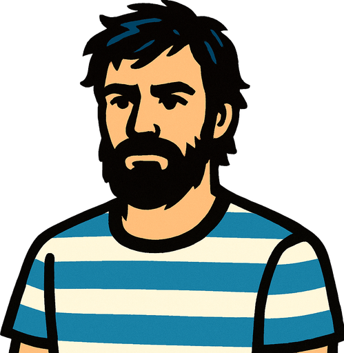 Un tipo con barba y pelo mediano que tenga una camiseta con rayas blancas y celestes.
In-Game asset.  High contrast.  No shadows. 2d