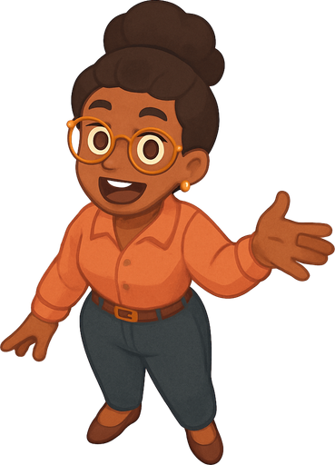 A women working in an office who loves to talk an talks too much. Dark skin color. Standing up and ready spew the latest gossip to whoever comes near. Full body viewed from the above. Everybody who comes near hear gets bombarded with her talking about what happened the past weekend. Friendly looking. Cute soft graphics. soft ambient light. semi-matte to satin surfaces. naturalistic with slight saturation boost colors. Tone is premium, friendly, clean with lifestyle or service-oriented appeal.
In-Game asset.  2d.  High contrast.  No shadows. top down. View from above.