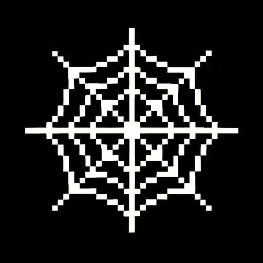 A white spider web. Pixelated retro..
In-Game asset.  2d.  High contrast.  No shadows