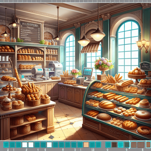 interieure de patiserie.
Single Game Texture. In-Game asset. 2d. Blank background. High contrast. No shadows.