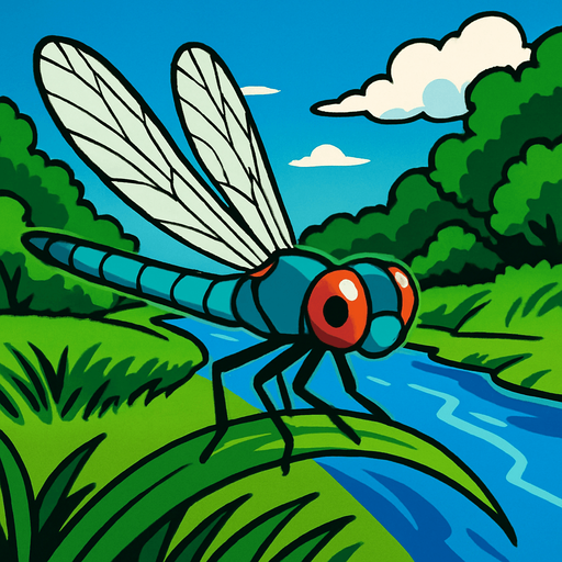 gambar gaya anime capung dengan background sungai.
In-Game asset.  2d.  High contrast.  No shadows