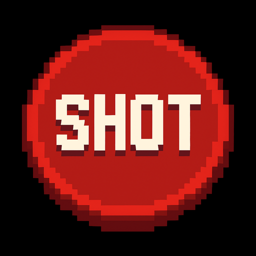 un boton rojo que en medio dice shot hecho con pixeles.
In-Game asset.  2d.  High contrast.  No shadows