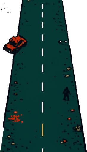 una calle muy ancha de un vecindario peligroso hecho con pixeles y la perspectiva desde el cielo
In-Game asset.  2d.  High contrast.  No shadows