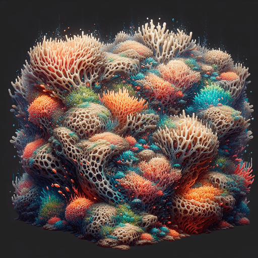 Coral with seeweed inside of it.
Single Game Texture.  In-Game asset.  2d.  Blank background.  High contrast.  No shadows