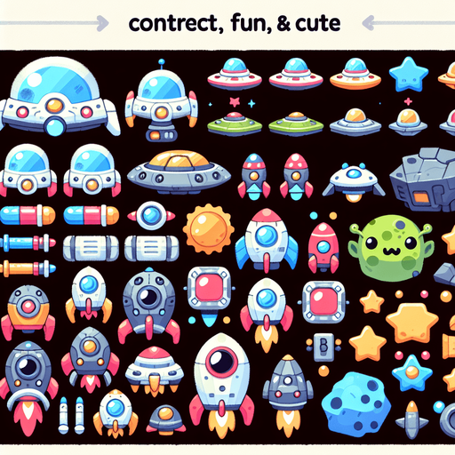 Spritesheet, modern, mobile game, cute, fun.
Including spaceships, UFOs, Guns, Boosters, Powerups, Asteroids..
In-Game asset. 2d. Blank background. High contrast. No shadows.