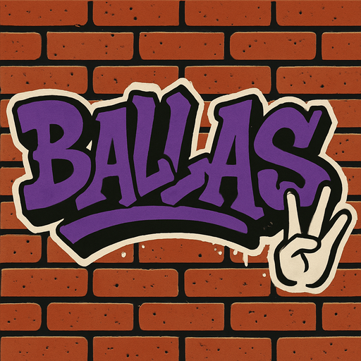 Tuğladan duvar üzerinde ballas grafitisi var,west side tarzında.
In-Game asset.  2d.  High contrast.  No shadows