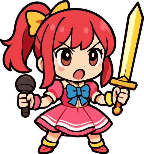 Esta chica tiene un diseño de estilo chibi anime, lo que le da un aspecto adorable y expresivo. Aquí va una descripción detallada:

🔸 Apariencia general:
Es una niña pequeña de proporciones caricaturescas, con cabeza grande y cuerpo diminuto, típica del estilo chibi.

🔸 Cabello:
Cabello rojo/rosado recogido en una coleta con una gran moña amarilla. Flequillo recto y mechones a los lados de la cara.

🔸 Ropa:
Viste un traje colorido similar al de una idol japonesa:

Vestido rosa con detalles blancos y azules

Moño azul en el pecho

Falda con vuelo, adornada con líneas blancas y amarillas

🔸 Accesorios:

Lleva un micrófono en una mano, lo que sugiere que es una cantante o idol.

En la otra mano, sostiene una espada dorada brillante, lo cual le da un toque de guerrera mágica o heroína valiente.

🔸 Expresión:
Tiene una expresión decidida y enérgica, como si estuviera lista para una batalla o a punto de dar un discurso heroico..
In-Game asset.  2d.  High contrast.  No shadows