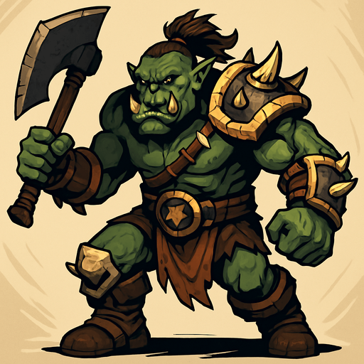 A full-body stylized illustration of an orc warrior, standing in a dynamic pose. The orc has green or grayish skin, muscular build, tusks, and tribal armor made of bone, leather, and metal. The style is fantasy-themed with bold lines, exaggerated proportions, and detailed textures. The lighting is dramatic, emphasizing the orc’s strength and menace. Background is minimal or softly blurred to keep focus on the character. Suitable for fantasy RPG game concept art..
In-Game asset.  2d.  High contrast.  No shadows