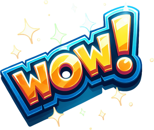 game success graphic, surprised cartoon shiny words, "WOW!".
Single Game Texture. In-Game asset. 2d. Blank background. High contrast. No shadows.