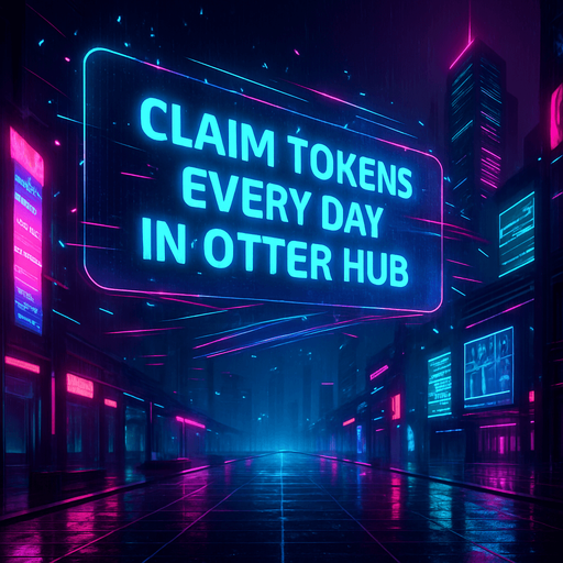 Create a dynamic 4K digital background for a cyberpunk mobile game interface. The scene shows a sleek, rain-drenched urban plaza with neon-lit walkways and towering digital screens. One large holographic banner reads ‘Claim tokens every day in Otter Hub’ in bold, glowing lettering. Surround it with animated light trails, drifting data particles, and subtle reflections in wet pavement. In the distance, angular skyscrapers pulse with magenta and cyan accents against a misty night sky. This image should serve as an eye-catching game menu backdrop—no characters or coins visible..
High contrast.  No shadows