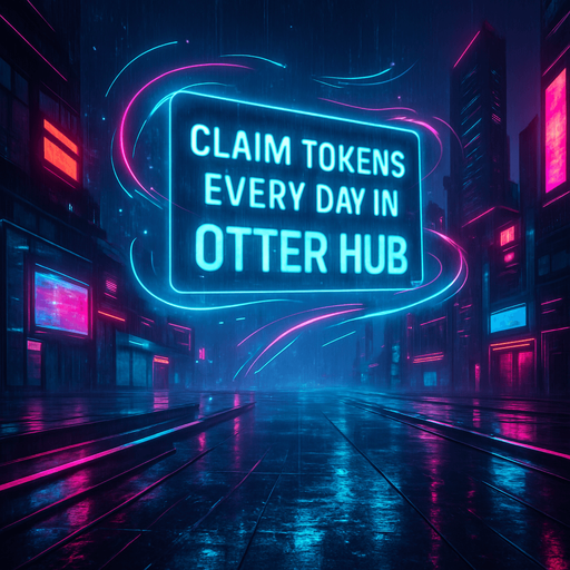 Create a dynamic 4K digital background for a cyberpunk mobile game interface. The scene shows a sleek, rain-drenched urban plaza with neon-lit walkways and towering digital screens. One large holographic banner reads ‘Claim tokens every day in Otter Hub’ in bold, glowing lettering. Surround it with animated light trails, drifting data particles, and subtle reflections in wet pavement. In the distance, angular skyscrapers pulse with magenta and cyan accents against a misty night sky. This image should serve as an eye-catching game menu backdrop—no characters or coins visible..
High contrast.  No shadows