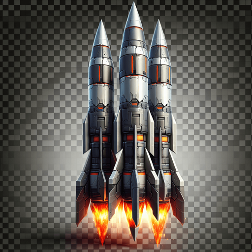 a double missile pointing vertically, with fire coming out of the rear
Single Game Texture. In-Game asset. 2d. Blank background. High contrast. No shadows.