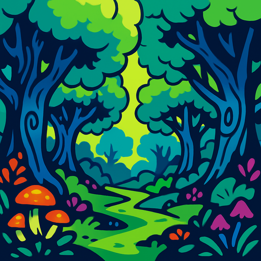 Fond d'écran forêt enchantée.
In-Game asset.  2d.  High contrast.  No shadows