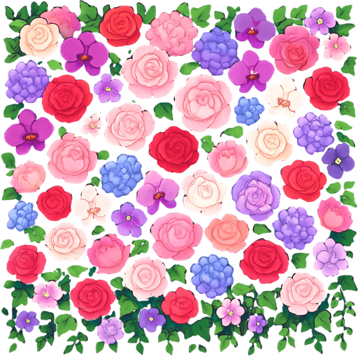 A beautiful flower wall made of a lush mix of vibrant, colorful flowers like roses, peonies, hydrangeas, and orchids. The wall is densely packed with blossoms in shades of pink, red, white, purple, and pastel tones. Greenery like ivy and leaves peek through the blooms, adding depth and contrast. The arrangement is elegant and symmetrical, ideal as a photo backdrop for events like weddings or parties. High-resolution, soft lighting, and dreamy atmosphere..
In-Game asset.  2d.  High contrast.  No shadows. cartoon style
