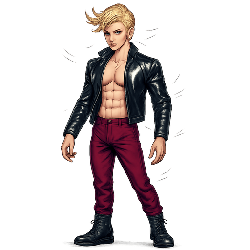 Swishy graceful man Cyberpunk manga, idle animation, shiny black leather biker jacket longsleeves shirtless Skinny abs blonde pompadour guy, wine red joggers combat boots, Background removed, "Full-body character, entirely in frame, no cropping of face, head, or feet" "Complete character visible, from head to toe, fully centered in the image" "Entire character, including face and boots, fully within the frame" Character fully contained within a square frame, no edges cut off fashion model idle pose