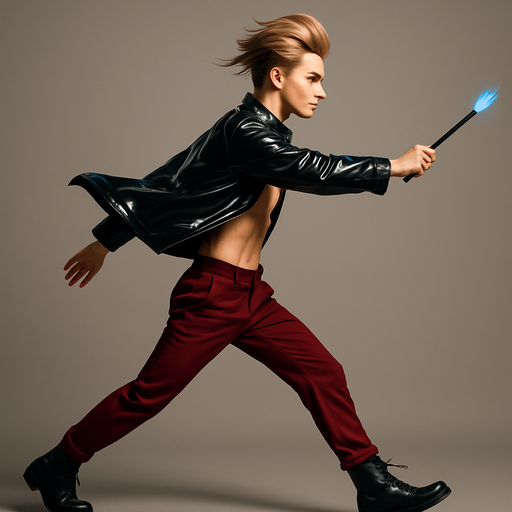 Swishy graceful man Cyberpunk manga, wand pointed straight ahead, arm extended, side profile view attack animation, shiny black leather biker jacket longsleeves shirtless Skinny abs blonde pompadour guy, action shot wine red joggers combat boots, Background removed, "Full-body character, entirely in frame, no cropping of face, head, or feet" "Complete character visible, from head to toe, fully centered in the image" "Entire character, including face and boots, fully within the frame" Character fully contained within a square frame, no edges cut off fashion model walking pose Style of vogue magazine