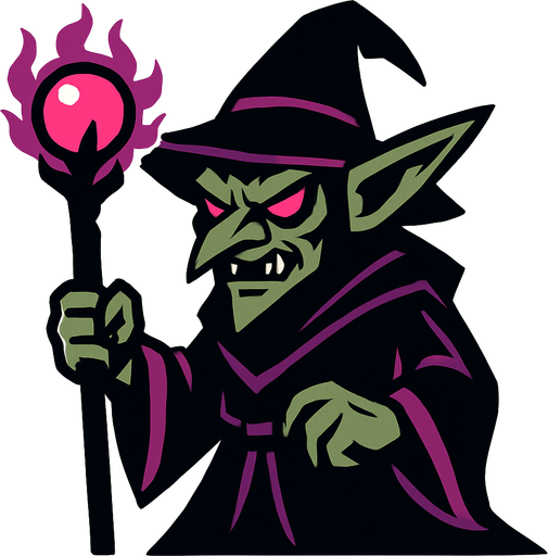 karanlık büyücü goblin.
In-Game asset.  2d.  High contrast.  No shadows