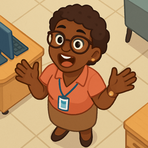 A women working in an office who loves to talk an talks too much. Dark skin color. Standing up and ready spew the latest gossip to whoever comes near. Full body viewed from the above. Everybody who comes near hear gets bombarded with her talking about what happened the past weekend. Friendly looking. Cute soft graphics. soft ambient light. semi-matte to satin surfaces. naturalistic with slight saturation boost colors. Tone is premium, friendly, clean with lifestyle or service-oriented appeal.
In-Game asset.  2d.  High contrast.  No shadows. top down. View from above.