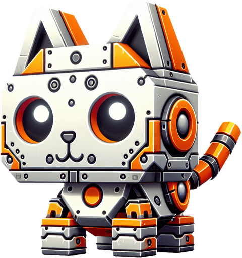3d robotic kawaii steel kitten white and vibrant orange colour.
Single Game Texture. In-Game asset. 2d. Blank background. High contrast. No shadows.
