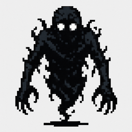 Create a pixel-art character sprite of "Karabasan" – a dark, shadowy figure from Turkish folklore known to sit on people’s chests during sleep. The character should be faceless or have a barely visible distorted face with empty glowing white eyes. Its body should appear as a mass of smoky darkness, loosely humanoid, with long arms, claw-like hands, and ragged shadowy edges. It should look like it’s floating slightly above ground. Retro horror 2D game style. PNG format with transparent background, idle position facing forward..
In-Game asset.  2d.  High contrast.  No shadows