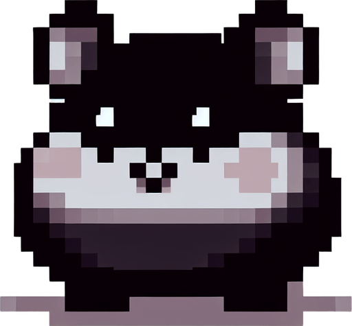 black hamster from pixels.
Single Game Texture. In-Game asset. 2d. Blank background. High contrast. No shadows.