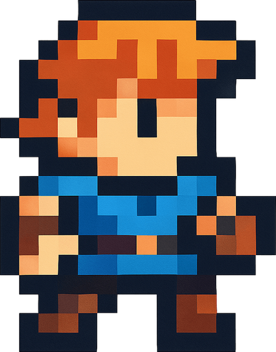 A cool platformer like 16 by 16 pixelated character no background shadows and highlights.
In-Game asset.  2d.  High contrast.  No shadows. 2d pixelated in game asset no horns
