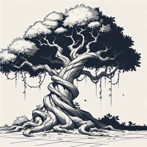 tree with vines.
In-Game asset.  2d.  Blank background.  High contrast.  No shadows