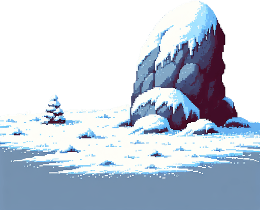 pixel art of a large, snow covered rock . Single Game Texture. In-Game asset. 2d. Blank background. High contrast. No shadows.