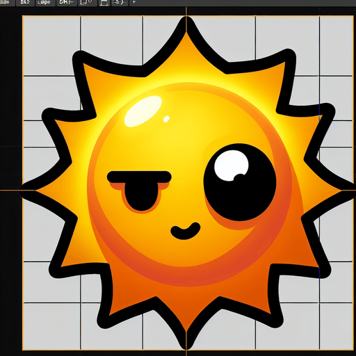 bright sun with wincing cartoon face and a black eye.
Single Game Texture.  In-Game asset.  2d.  Blank background.  High contrast.  No shadows
