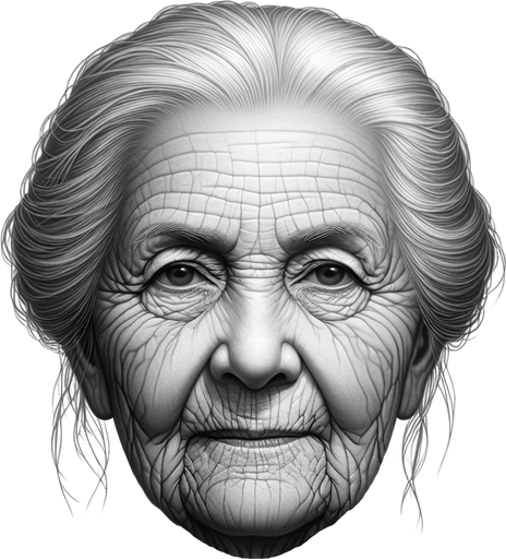 an old grandma's face.
Single Game Texture.  In-Game asset.  2d.  Blank background.  High contrast.  No shadows