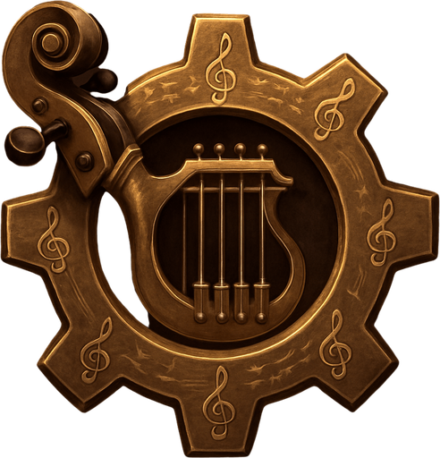 Design an icon for the Settings menu in a fantasy tower defense game set in a haunted concert hall. The icon should be a stylized gear or cogwheel, but with a musical twist: integrate treble clefs, tuning pegs, or parts of old instruments (like violin scrolls or piano strings) into the gear design.

Use metallic textures (bronze, dark gold, or polished silver), with soft magical glow or engraved music notes along the edges.
Background should be subtle—deep velvet or dark wood, with ambient lighting to highlight the gear.

Icon must be square (256×256 px), readable at small sizes, and include no text.
Style: elegant, orchestral fantasy UI—matching the tone of a classical concert hall with magical elements..
In-Game asset.  2d.  High contrast.  No shadows