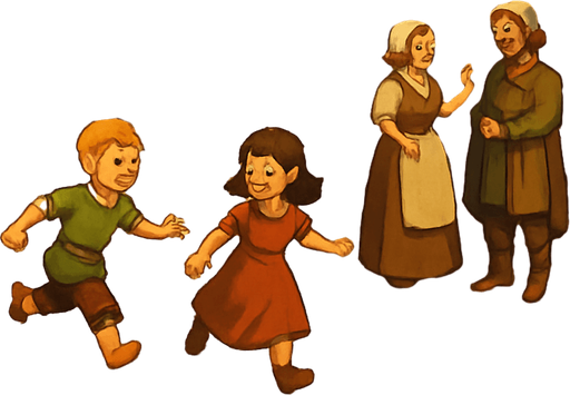 A quaint medieval town square with cobbled streets, wooden signs, children playing, townsfolk chatting near a well, cheerful and warm vibe, realistic
In-Game asset.  2d.  High contrast.  No shadows