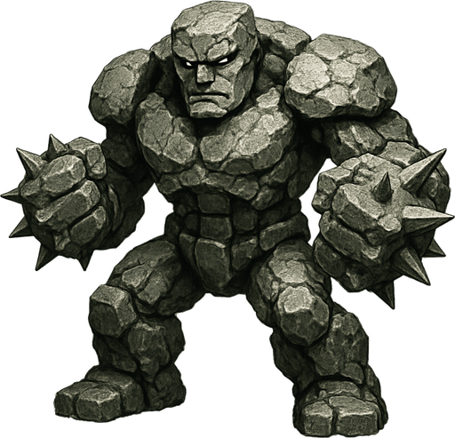 un golem de piedra listo para pelear con puños con puas ultra realista.
In-Game asset.  2d.  High contrast.  No shadows
