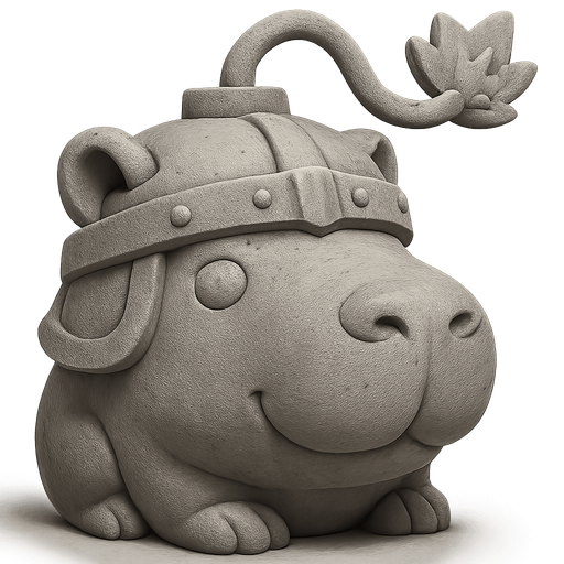 Recrealo en una escultura. Utiliza un estilo cartoon. Usas colores grises. Recuerda que es un capibara usas sus rasgos y formas. Damelo sin fondo