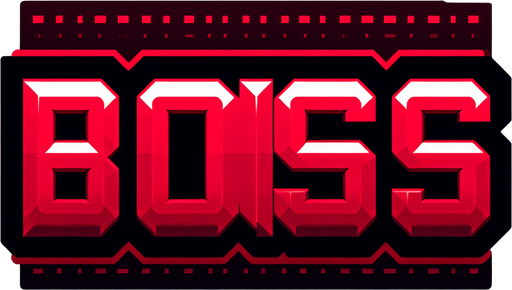 An SVG of the word **BOSS** in sharp red font..
Single Game Texture.  In-Game asset.  2d.  Blank background.  High contrast.  No shadows