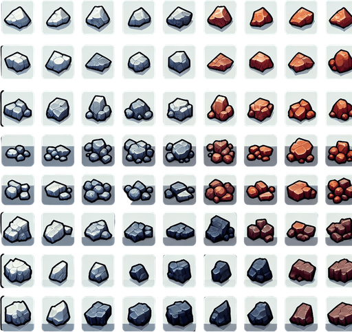 Create a sprite sheet with images of various rocks.  The design should be exclusively top views. Arrange the components on a dark background, neatly aligning each part in rows and columns for easy identification and use in game development..
Single Game Texture. In-Game asset. 2d. Blank background. High contrast. No shadows.