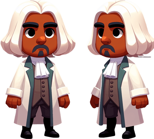 Newton in a white wig, full-length, cartoon style.
Single Game Texture. In-Game asset. 2d. Blank background. High contrast. No shadows.