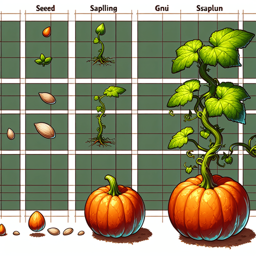 A spritesheet showing a pumpkin plant in various stages of germantion, from seed over sapling and to full grown plant with ripe pumpkin. The sprites should be laid out in a rectangular grid with blank space between them..
Single Game Texture. In-Game asset. 2d. Blank background. High contrast. No shadows.