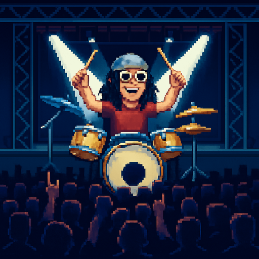 Add pixel cool crazy drummer, with glasses and gray bandana, red tshirt, long black hair, playing drums