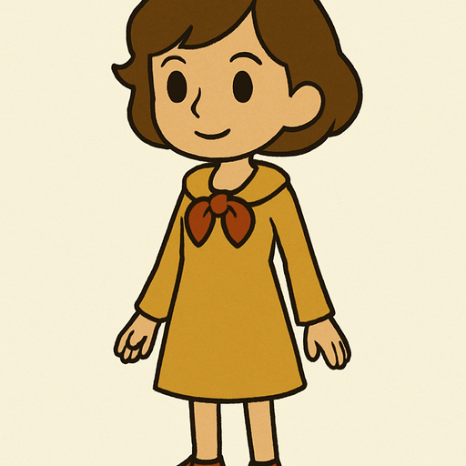 18yo girl with short brown hair professor Layton game style.
In-Game asset.  2d.  High contrast.  No shadows