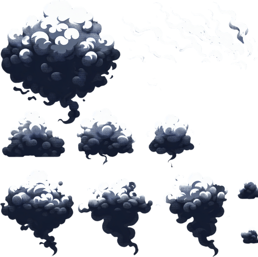 sprite sheet of smoke effect png.
Single Game Texture. In-Game asset. 2d. Blank background. High contrast. No shadows.