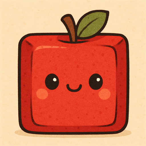 Perfectly square red apple decoration. Cartoon. Cute art style. 2d
