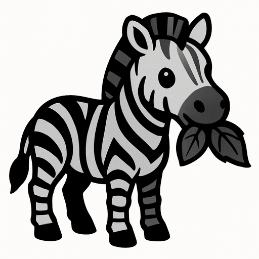 A grey zebra eating a leaf.
In-Game asset.  2d.  High contrast.  No shadows