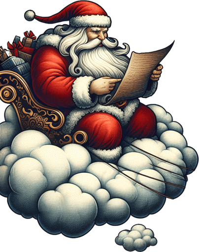a pergament of Santa hiding with his flying sleigh and reindeers in a cloud. There is the text "In clouds you are protected from enemy attention."