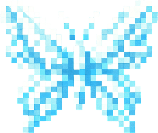 butterfly of white and light blue pixels like crystal.
In-Game asset.  2d.  High contrast.  No shadows. 8-bits