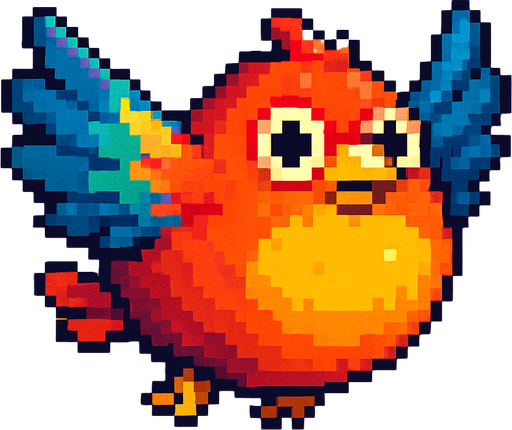 Big fat flaying bird ( Piksel art). Colorful. Cute. 
In-Game asset.  2d.  High contrast.