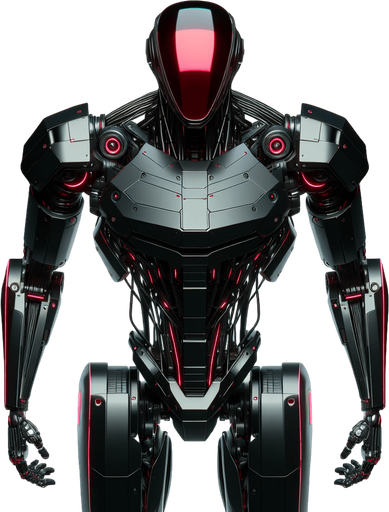 Overhead view. A sleek battle robot with a wide red visor across the head. Three distinct parts, body and two arms. Symmetrical design. Birds Eye view above them looking down on their head. Simple shapes. Low detail. Cyberpunk, black with red glowing highlights..
Single Game Texture. In-Game asset. 2d. Blank background. High contrast. No shadows.