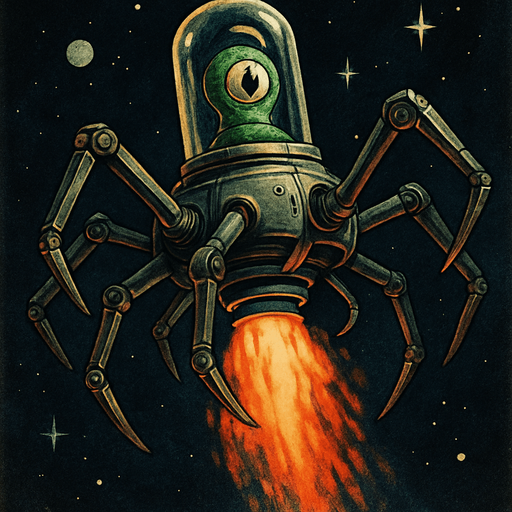 Imagine a multi-legged space machine, its legs sprawling at varied, dynamic angles, giving it an organic yet mechanical feel. Encased within a transparent tube, a one-eyed green alien watches intently. Beneath the ship, vivid rocket flames burst forth, illuminating the dark void of space with fiery intensity.