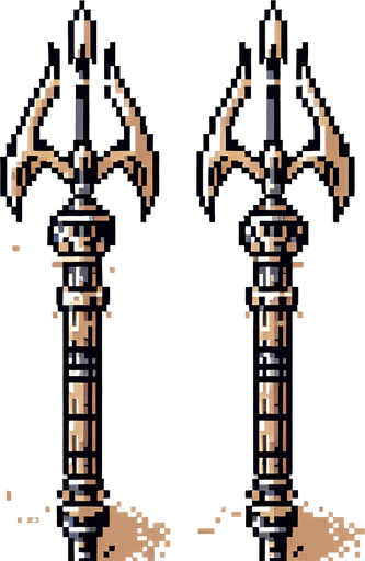 two harpoons looking up, retro, pixel.
Single Game Texture. In-Game asset. 2d. Blank background. High contrast. No shadows.
